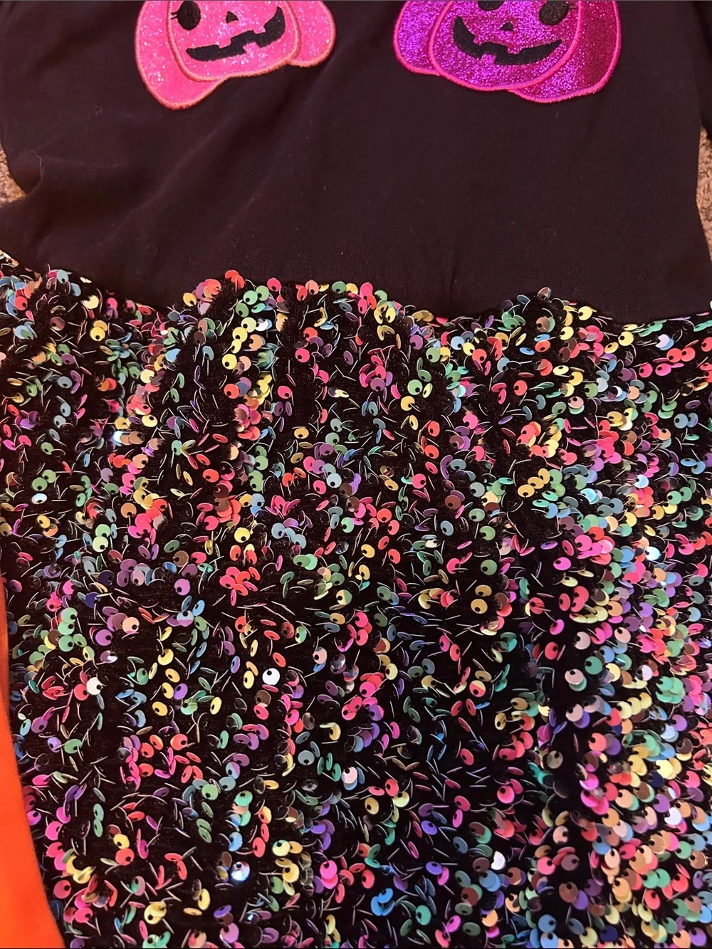 Girls Black Pumpkin Sequin Halloween Dress with Orange Leggings